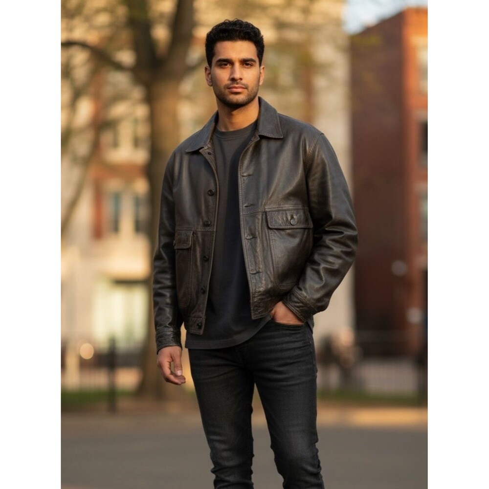 Vintage Remy Black Bomber Leather Button-Front Men's Jacket 44